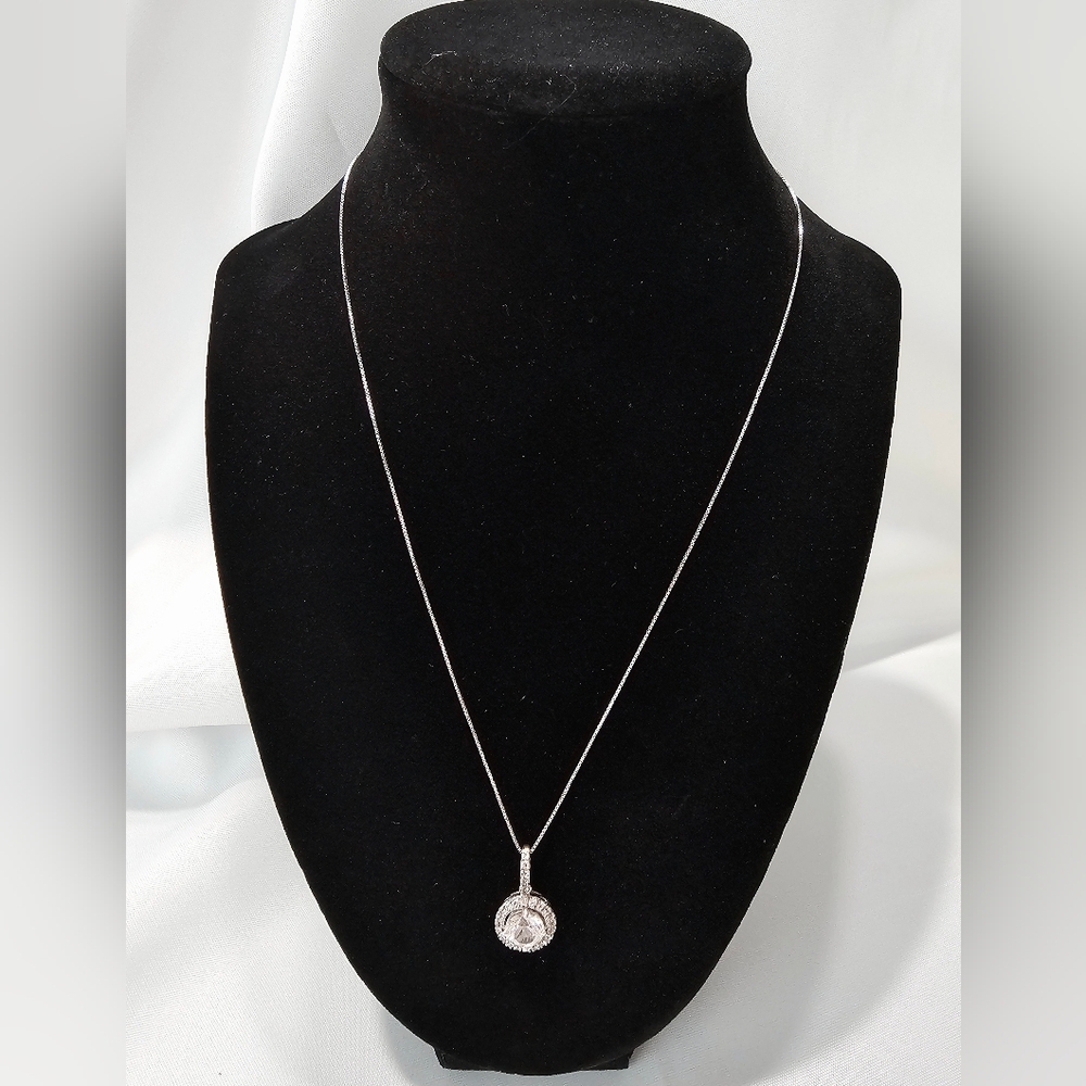 Helzberg - White Sapphire,  Halo Pendant Necklace, 18" HDS Chain, 925